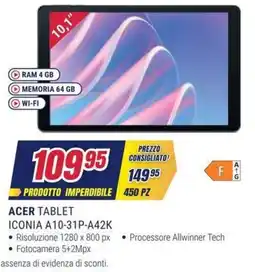 Trony Acer Tablet Iconia A10-31P-A42K offerta