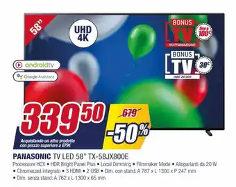 Trony Panasonic Tv Led 58" TX-58JX800E offerta