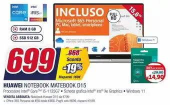 Trony Huawei Notebook Matebook D15 offerta