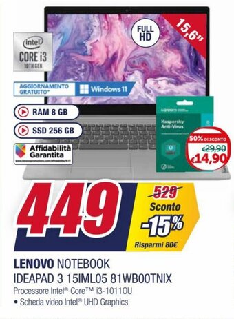 Trony Lenovo Notebook IdeaPad 3 15IML05 81WB00TNIX offerta