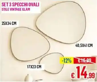 Set 3 specchi ovali stile vintage glam