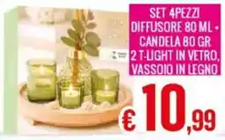 Satur Set 4 pezzi diffusore 80 ml + candela 80 gr 2 t-light in vetro, vassoio in legno offerta