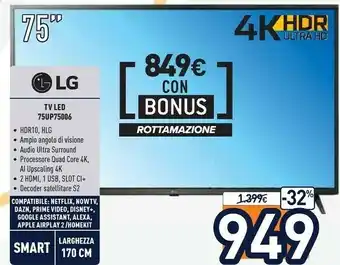 Unieuro 75up75006lc tv 190,5 cm (75") 4k ultra hd smart tv wi-fi nero offerta