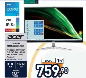 Unieuro Aspire c24-1650 60,5 cm (23.8") 1920 x 1080 pixel intel® core™ i5 di undicesima generazione 8 gb ddr4-sdram 256 gb ssd pc all offerta
