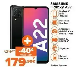 Expert Galaxy a22 16,3 cm (6.4") doppia sim 4g usb tipo-c 4 gb 64 gb 5000 mah bianco offerta