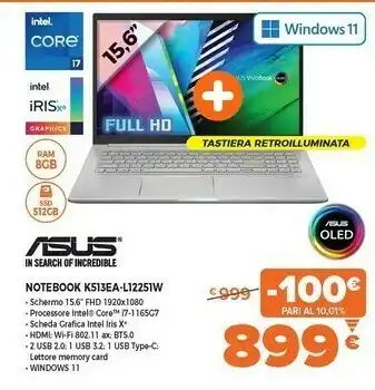 Expert Vivobook 15 k513ea-l12251w computer portatile 39,6 cm (15.6") full hd intel® core™ i7 di undicesima generazione 8 gb ddr4-sdr offerta