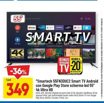 DPiù Smartech 55fn30uc2 smart tv androit con google play store schermo led 55'' 4k ultra hd offerta