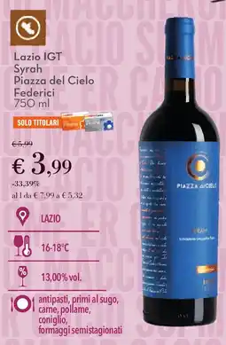 Conad Lazio IGT Syrah Piazza del Cielo Federici offerta