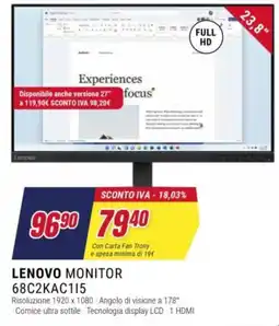 Trony Lenovo Monitor 68C2KAC115 offerta