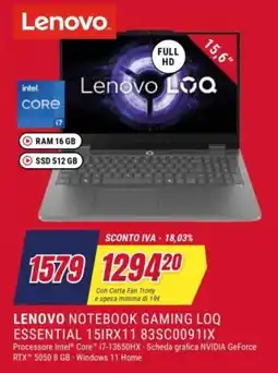 Trony Lenovo Notebook Gaming LOQ Essential offerta
