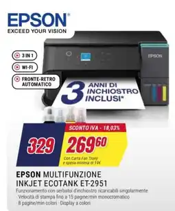 Trony Epson multifunzione inkjet ecotank et-2951 offerta