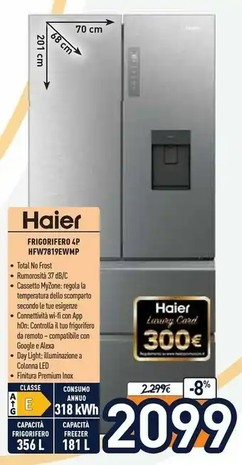 Hfw7819ewmp frigorifero side-by-side libera installazione 537 l e platino, acciaio inossidabile