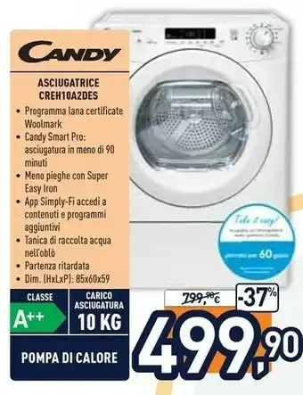 Unieuro Smart cre h10a2de-s asciugatrice libera installazione caricamento frontale 10 kg a++ bianco offerta