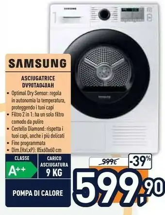 Dv90ta040ah asciugatrice libera installazione caricamento frontale 9 kg a++ bianco