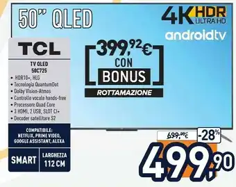 Unieuro 50c725 50 pollici qled tv, 4k ultra hd, smart android tv con audio onkyo offerta