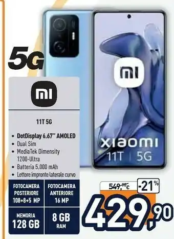 Unieuro Mi 11t 16,9 cm (6.67") doppia sim android 11 5g usb tipo-c 8 gb 128 gb 5000 mah blu offerta