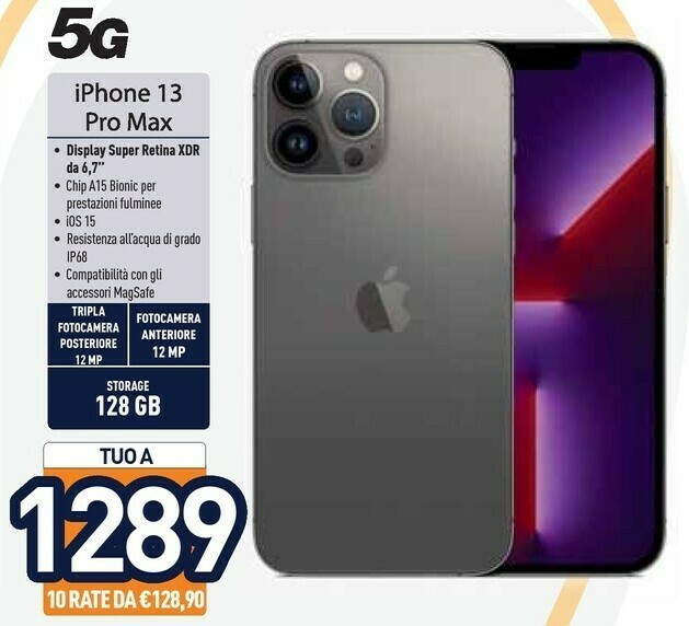 Unieuro Iphone 13 pro max 128gb argento offerta