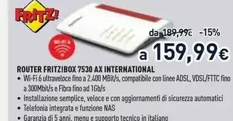 Unieuro Avm fritz!box 7530 ax router wireless gigabit ethernet dual-band (2.4 ghz/5 ghz) 4g bianco offerta