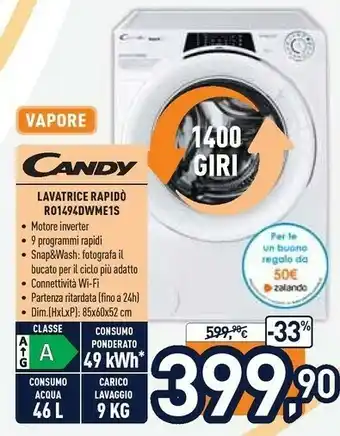 Unieuro Rapidó ro 1494dwme / 1-s lavatrice caricamento frontale 9 kg 1400 giri/min a bianco offerta