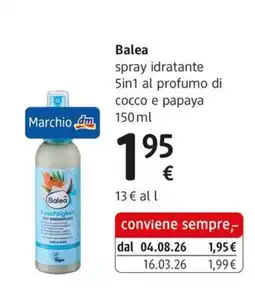 dm drogerie markt Balea spray idratante 5in1 al profumo di cocco e papaya offerta