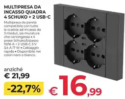 Progress Multipresa da incasso quadra 4 Schuko + 2 USB-C offerta