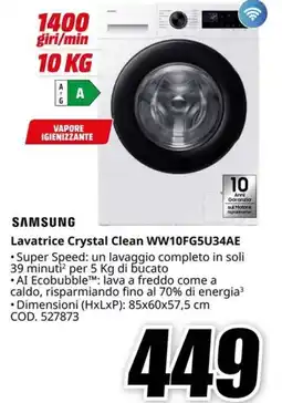 MediaWorld Samsung Lavatrice Crystal Clean WW10FG5U34AE offerta