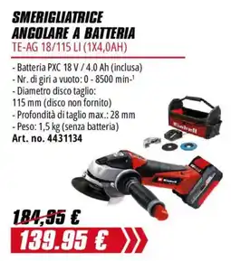 Einhell Smerigliatrice angolare a batteria TE-AG 18/115 LI offerta