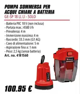 Einhell Pompa sommersa per acque chiare a batteria GE-SP 18 LL LI - Solo offerta