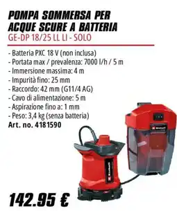 Einhell Pompa sommersa per acque scure a batteria GE-DP 18/25 LL LI - Solo offerta