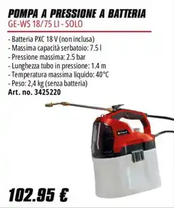 Einhell Pompa a pressione a batteria GE-WS 18/75 LI - Solo offerta