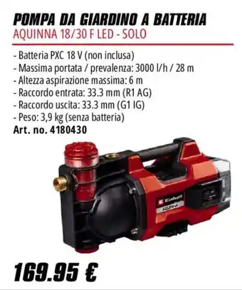 Pompa da giardino a batteria Aquinna 18/30 F LED - Solo