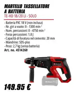 Einhell Martello tassellatore a batteria TE-HD 18/20 LI - Solo offerta