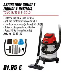 Einhell Aspiratore solidi e liquidi a batteria TC-VC 18/20 LI S - Solo offerta