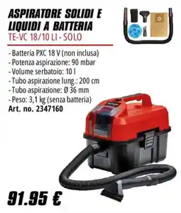 Einhell Aspiratore solidi e liquidi a batteria TE-VC 18/10 LI - Solo offerta