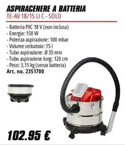 Einhell Aspiracenere a batteria TE-AV 18/15 LI C - Solo offerta