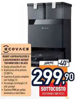 Unieuro Ecovacs robot aspirapolvere e lavapavimenti Deebot T50 Omni Gen 3 Black offerta