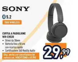 Unieuro Sony cuffia a padiglione WH-CH520 offerta