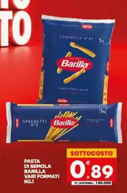 Eurospar PASTA DI SEMOLA BARILLA VARI FORMATI KG.1 offerta