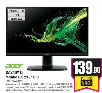 Wellcome Ka ka240y 60,5 cm (23.8") 1920 x 1080 pixel full hd led nero offerta