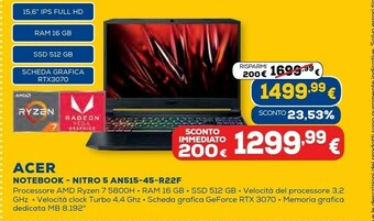 Euronics Nitro 5 an515-45-r22f computer portatile 39,6 cm (15.6") full hd amd ryzen 7 16 gb ddr4-sdram 512 gb ssd nvidia geforce rtx 3 offerta