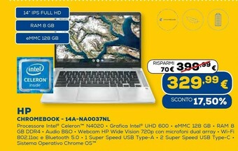 Euronics Chromebook 14a-na0037nl 35,6 cm (14") full hd intel® celeron® 8 gb lpddr4-sdram 128 gb emmc wi-fi 5 (802.11ac) chrome os arge offerta