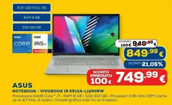 Vivobook 15 k513ea-l12906w computer portatile 39,6 cm (15.6") full hd intel® core™ i7 di undicesima generazione 8 gb ddr4-sdr