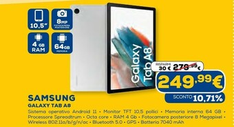 Euronics Galaxy tab a8 10.5" lte, android 11, ram 4 gb, 64 gb, gray offerta