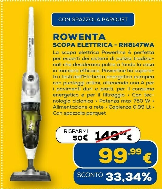 Powerline extreme rh8147wa cyclonic, scopa elettrica con filo e senza sacco  offerta di Euronics