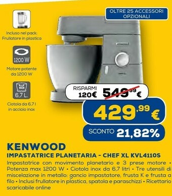 Euronics Chef xl kvl4110s sbattitore con base 1200 w argento offerta