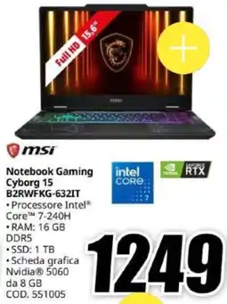 MediaWorld msi Notebook Gaming Cyborg 15 offerta
