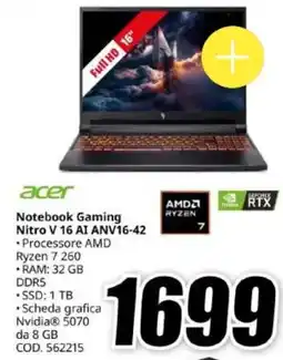 MediaWorld Acer Notebook Gaming Nitro V 16 AI ANV16-42 offerta
