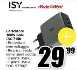 MediaWorld Caricatore ISY 100W GaN offerta