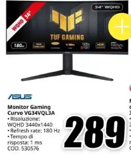 MediaWorld Asus Monitor Gaming Curvo VG34VQL3A offerta
