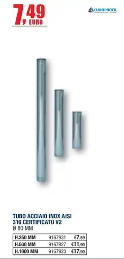 Bricofer Tubo acciaio inox AISI 316 certificato V2 offerta